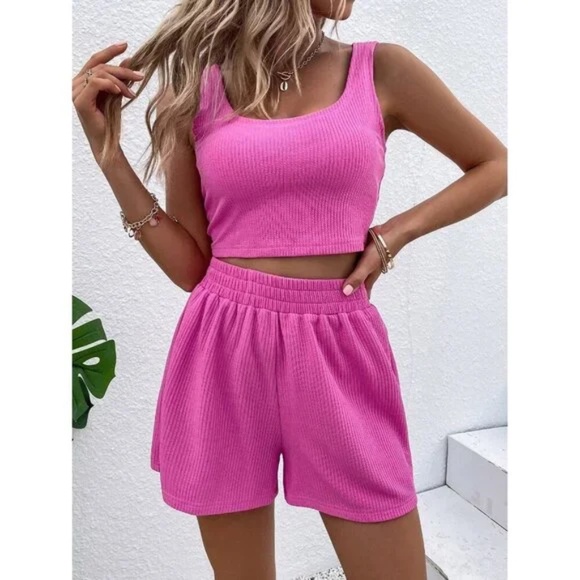 Ribbed Crop Tank Top Stretchy Waist Shorts Casual Set - Picture 1 of 7